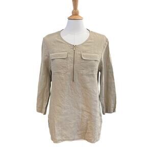 Jones NY Sport 100% Linen 1/4 Zip Popover Tunic Roll Tab Sleeves, Tan, Size S